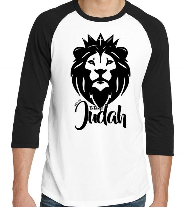 Men's black and white 3/4 short sleeve "The Lion of the Tribe of Judah" Christian tee shirt.