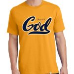 Men’s gold short sleeve “Trust God” Christian tee shirt.