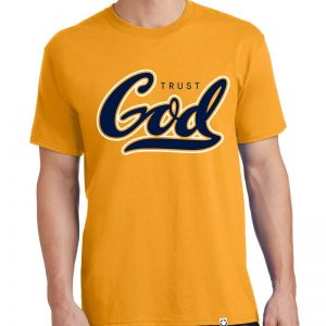 Men's gold short sleeve "Trust God" Christian tee shirt.