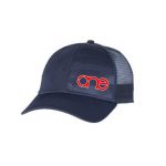 Navy Blue, “One” Trucker Hat with USA Flag Embossed in cap. Red embroidery of the One logo with a White outline, snapback.