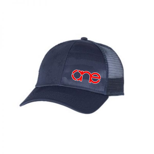 Navy Blue, "One" Trucker Hat with USA Flag Embossed in cap. Red embroidery of the One logo with a White outline, snapback.