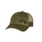 Olive, “One” Trucker Hat with USA Flag Embossed in cap. Black embroidery of the One logo, snapback.