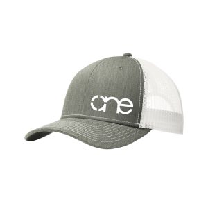 Heather Grey "One" Trucker Hat with White logo, snapback, front view.