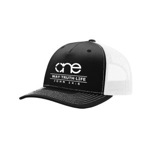 One Way Truth Life, Black and White, 5 Panel Trucker Hat with White logo, snapback, front view.