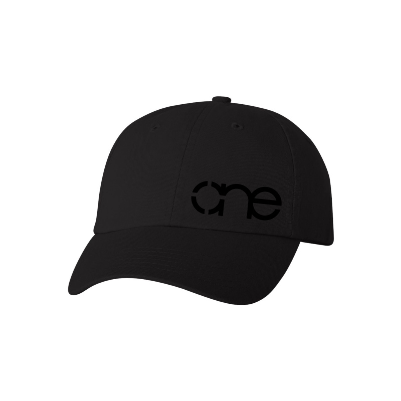 One, Black, Dad Cap with Black logo, adjustable with belt and buckle closure. Front view.