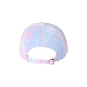 One, Cotton Candy, Tie-Dyed Dad Cap with White logo, adjustable with belt and buckle closure. Back view.