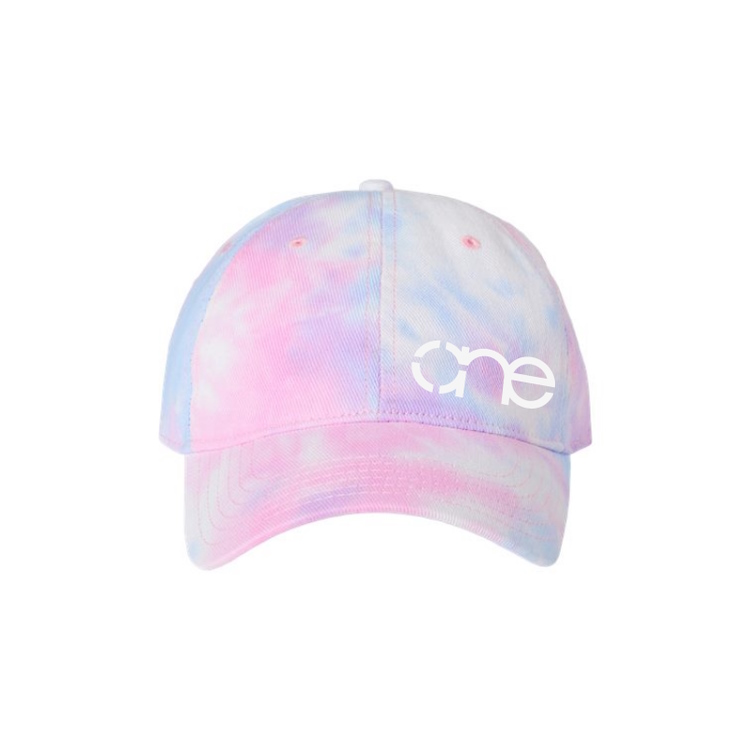 One, Cotton Candy, Tie-Dyed Dad Cap with White logo, adjustable with belt and buckle closure. Front view.