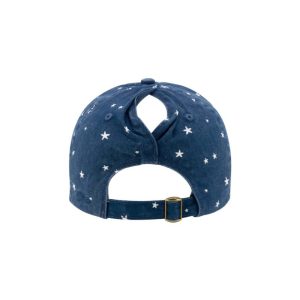 Navy Blue with White Stars "One" Dad Cap with Navy Blue logo, buckle closure with ponytail opening, rear of cap.