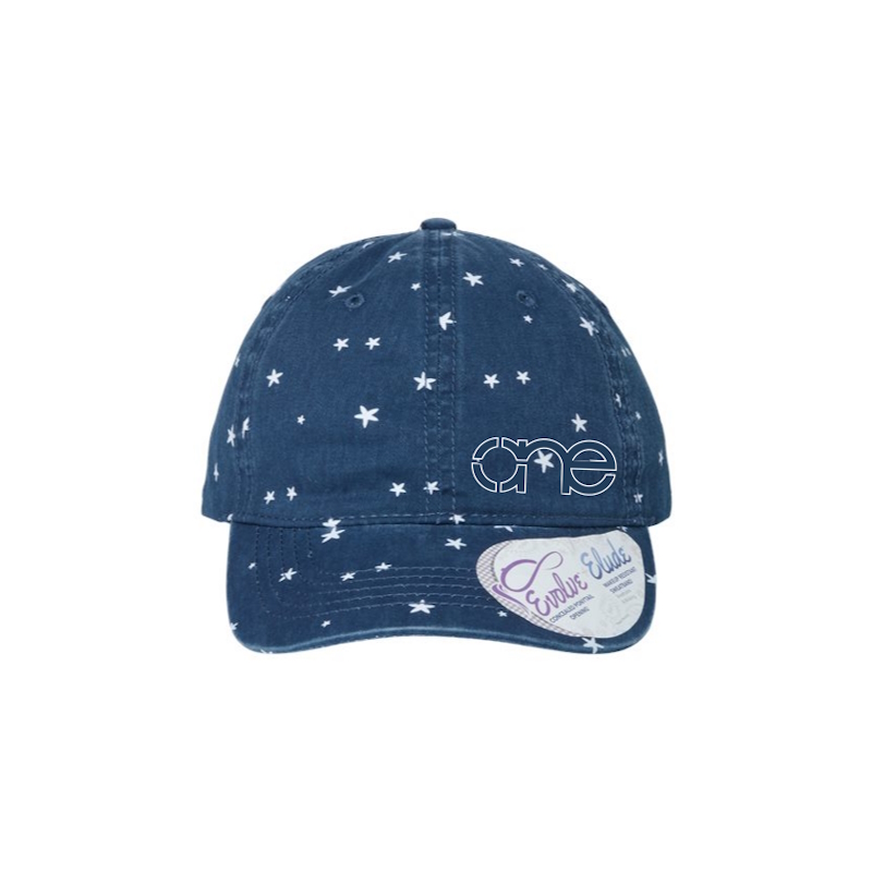 Navy Blue with White Stars "One" Dad Cap with Navy Blue logo, buckle closure with ponytail opening.
