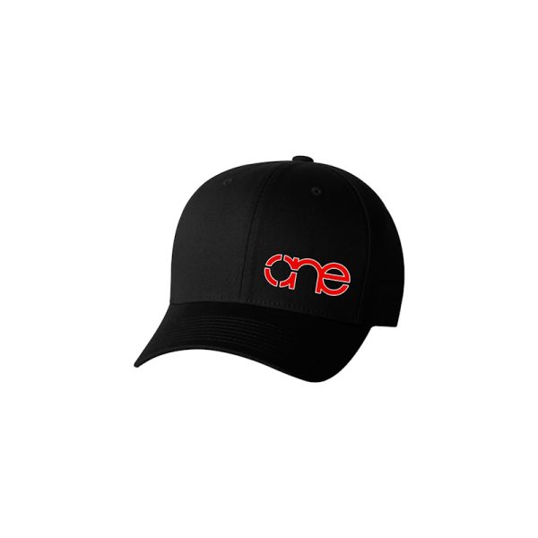 Black Flexfit Cap with Red One logo, side-front view.
