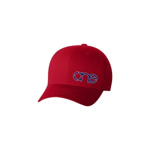 Red Flexfit Cap with Royal Blue One logo, side-front view.
