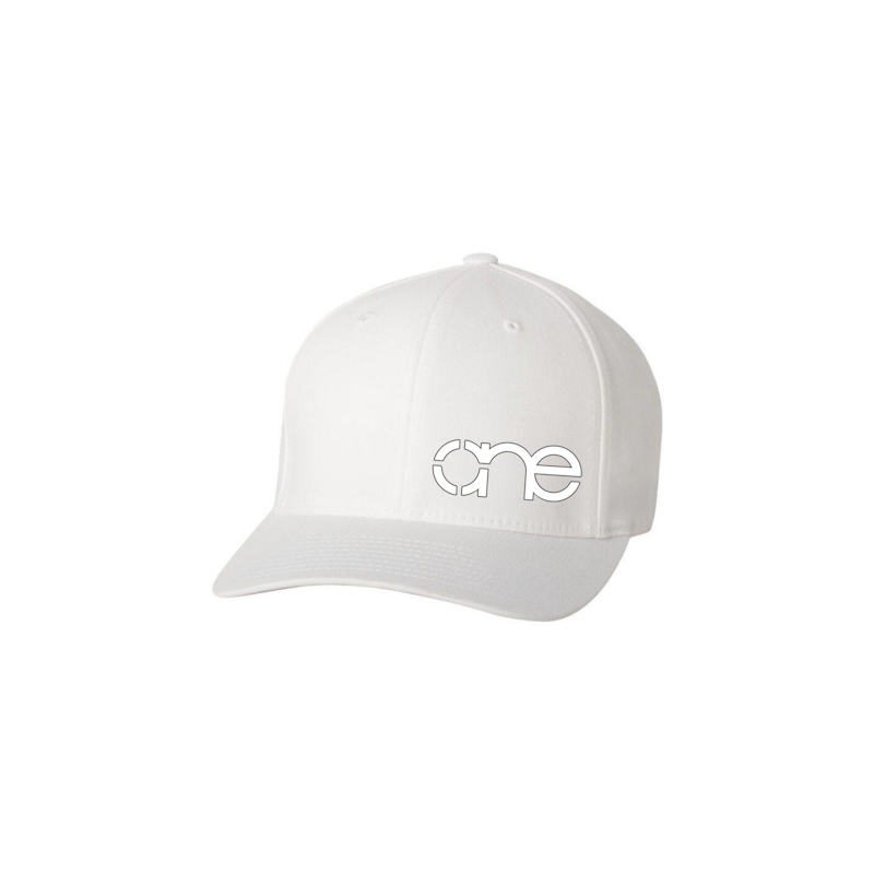 White Flexfit Cap with Grey One logo, side-front view.