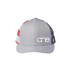 Heather Grey "One" Trucker Hat with American Flag, White logo, snapback, front view.