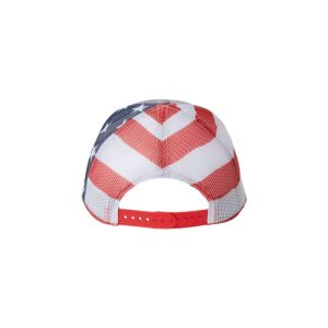 Heather Grey "One" Trucker Hat with American Flag, White logo, snapback, back view.