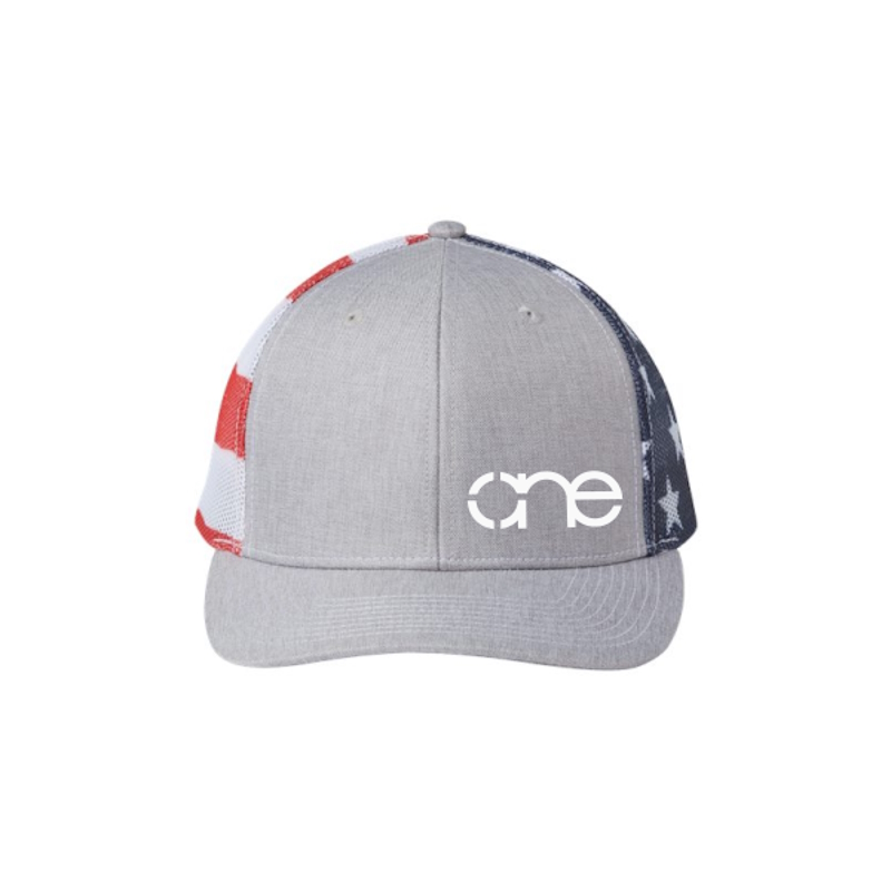 Heather Grey “One” Trucker Hat with American Flag, White logo, snapback, front view.