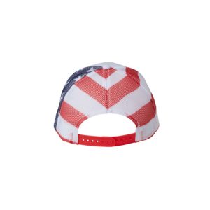 White "One" Trucker Hat with American Flag, Navy Blue logo, snapback, back view.