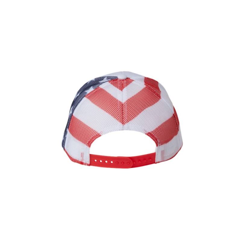 White “One” Trucker Hat with American Flag, Navy Blue logo, snapback, back view.