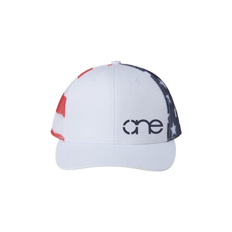 White "One" Trucker Hat with American Flag, Navy Blue logo, snapback, front view.