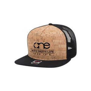 One Way Truth Life, Cork and Black, 5 Panel Trucker Hat with Black logo, snapback, flat bill side view.
