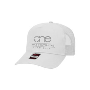 One Way Truth Life, White on White, 5 Panel Trucker Hat with Grey logo, snapback, front view.