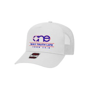 One Way Truth Life, White on White, 5 Panel Trucker Hat with Royal Blue logo, snapback, front view.