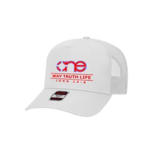 One Way Truth Life, White on White, 5 Panel Trucker Hat with Red logo, snapback, front view.
