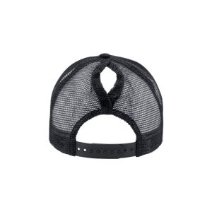 Black and Black "One" Trucker Hat with Black logo, snapback with ponytail opening, rear of cap.