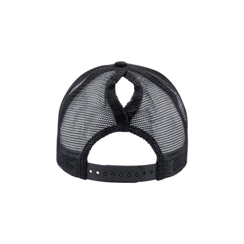 Black and Black “One” Trucker Hat with Black logo, snapback with ponytail opening, rear of cap.