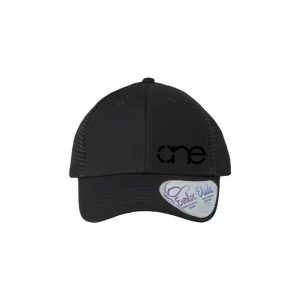 Black and Black "One" Trucker Hat with Black logo, snapback with ponytail opening.