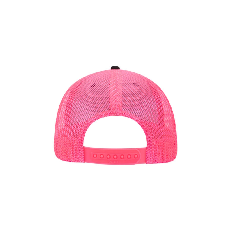 Black and Neon Pink “One” Trucker Hat with Neon Pink logo, snapback, rear of cap.