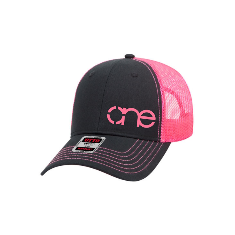 Black and Neon Pink “One” Trucker Hat with Neon Pink logo, snapback.