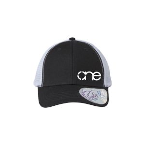 Black and White "One" Trucker Hat with White logo, snapback with ponytail opening.