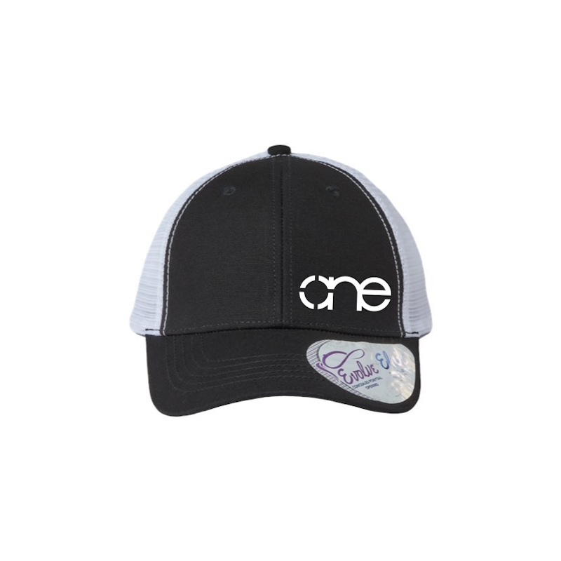 Black and White “One” Trucker Hat with White logo, snapback with ponytail opening.