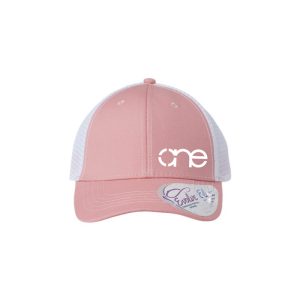 Dusty Rose and White "One" Trucker Hat with White logo, snapback with ponytail opening.