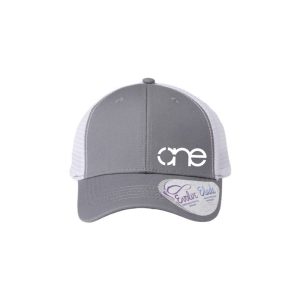 Grey and White "One" Trucker Hat with White logo, snapback with ponytail opening.