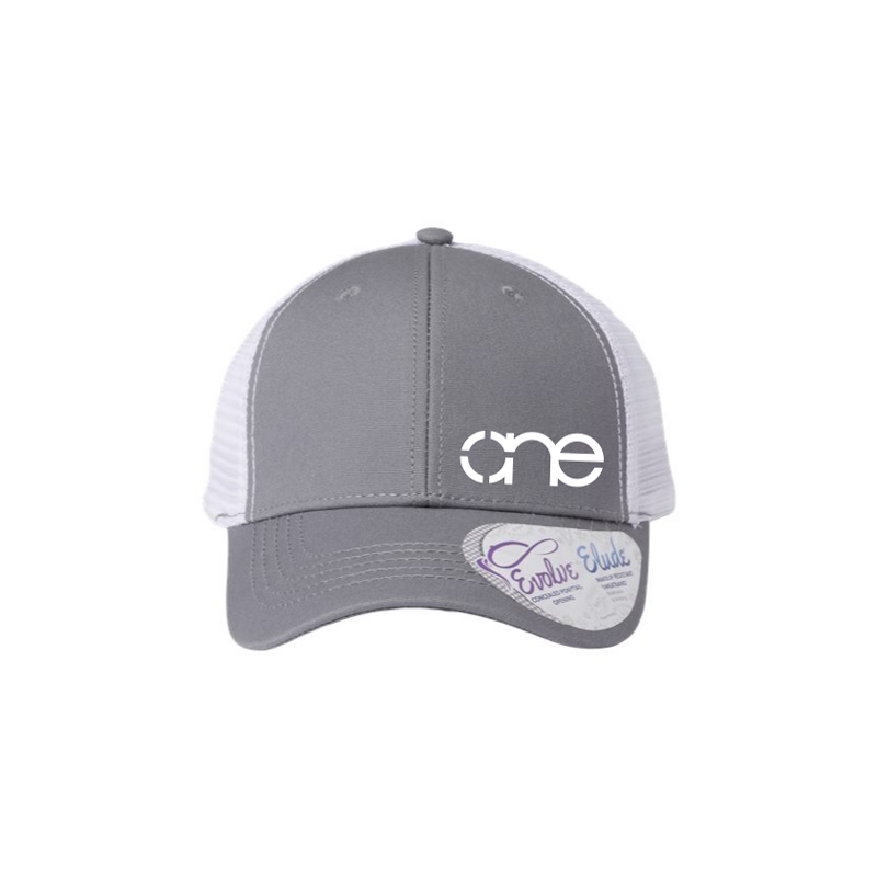 Grey and White “One” Trucker Hat with White logo, snapback with ponytail opening.