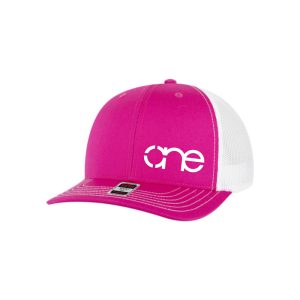 Hot Pink and White "One" Trucker Hat with Neon Pink logo, snapback.