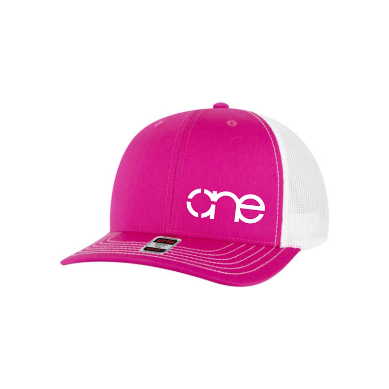 Hot Pink and White “One” Trucker Hat with Neon Pink logo, snapback.