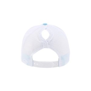 Light Blue and White "One" Trucker Hat with White logo, snapback with ponytail opening, rear of cap.