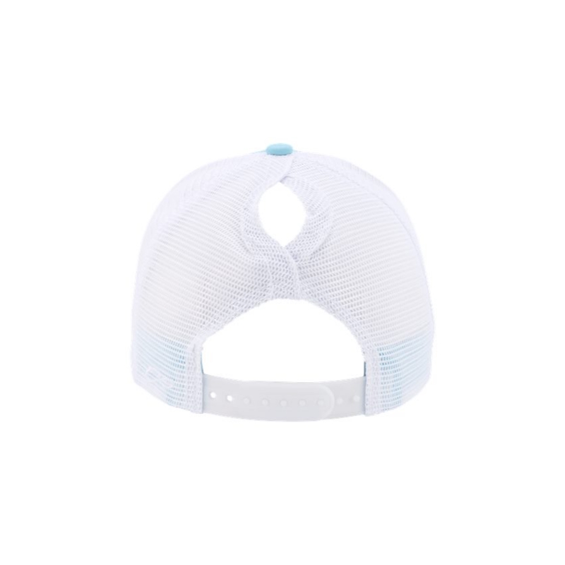 Light Blue and White “One” Trucker Hat with White logo, snapback with ponytail opening, rear of cap.