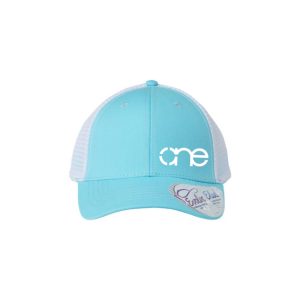 Light Blue and White "One" Trucker Hat with White logo, snapback with ponytail opening.