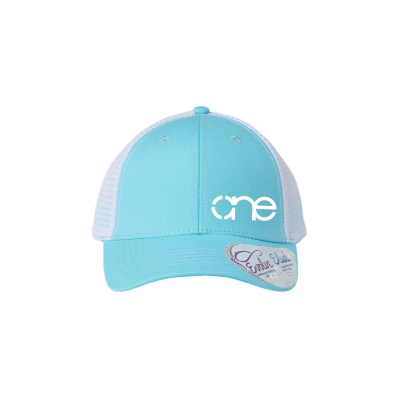Light Blue and White “One” Trucker Hat with White logo, snapback with ponytail opening.