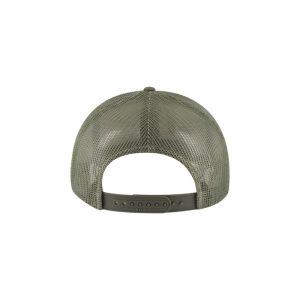 Olive, Khaki and Olive "One" Trucker Hat with Olive logo, snapback, rear of cap.