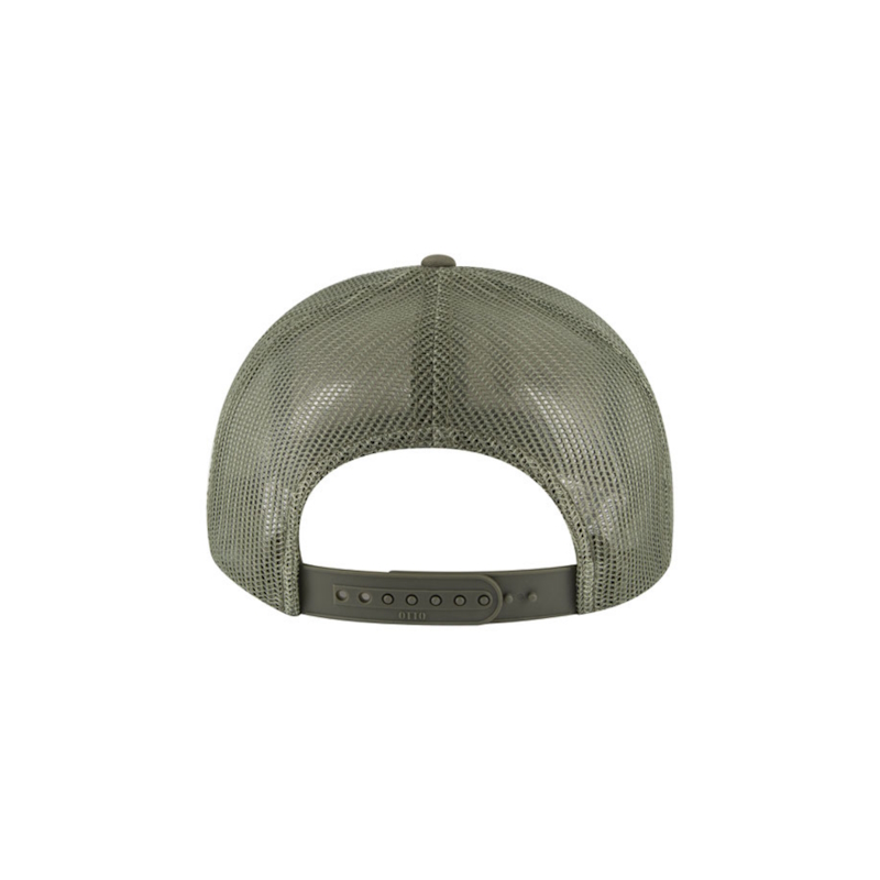 Olive, Khaki and Olive “One” Trucker Hat with Olive logo, snapback, rear of cap.
