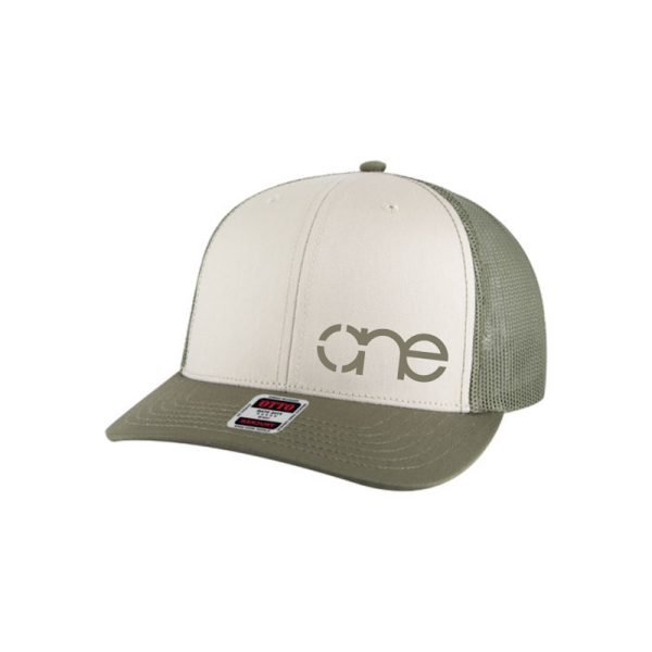 Olive, Khaki and Olive "One" Trucker Hat with Olive logo, snapback.