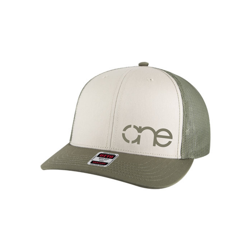 Olive, Khaki and Olive “One” Trucker Hat with Olive logo, snapback.