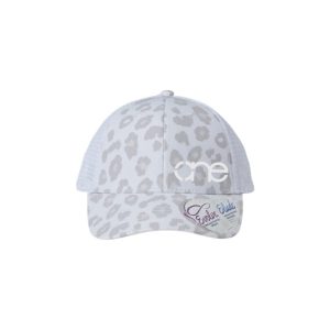 Snow Leopard and White "One" Trucker Hat with White logo, snapback with ponytail opening.