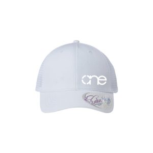 White and White "One" Trucker Hat with White logo, snapback with ponytail opening.