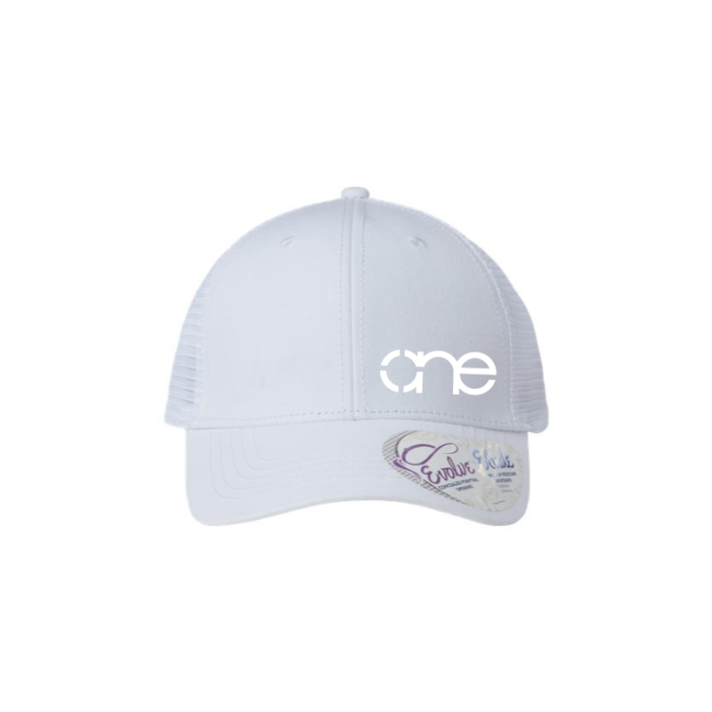 White and White “One” Trucker Hat with White logo, snapback with ponytail opening.