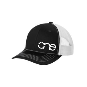 Black and White Youth "One" Trucker Hat with White logo, snapback.